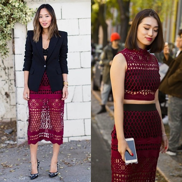 Self-Portrait Dresses & Skirts - SELF-PORTRAIT Burgundy Sheer Cutwork Lace High Waist Pencil Midi Skirt 2